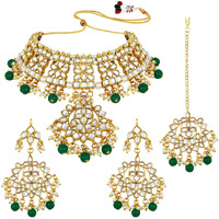 Peora Gold Plated Traditional Kundan Long Necklace Jewellery Set with Earring Maang Tikka for Women Girls (Green-1)