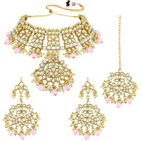 Peora Gold Plated Traditional Kundan Long Necklace Jewellery Set with Earring Maang Tikka for Women Girls (Pink)