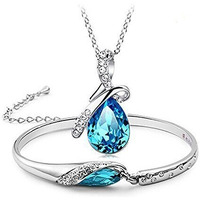 Valentine Gift By Shining Diva White Gold Plated Blue Crystal Combo Pendant Necklace Set with Bracelet for Girls & Women (vgcmb215)