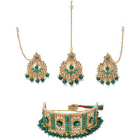 ZAVERI PEARLS Green Stones & Beads Traditional Choker Necklace, Earring & Maangtikka Set For Women-ZPFK9919