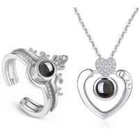 University Trendz I Love You 100 Language Crown Ring and Heart Pendant for Girls & Women (Silver)