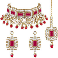 Peora Gold Plated Kundan Rani Pink Crystal Choker Necklace Traditional Jewellery Set for Women