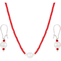 JFL - Jewellery for Less Modern Fusion Mangalsutra with Pearl & Onyx Crystal Chain and Earring for Women (Red),Valentine