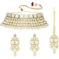 Peora Indian Bridal Dulhan Crystal Kundan Choker Necklace Traditional Jewellery Set with Maang Tikka Earrings for Women