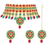 I Jewels Traditional Deepika Style Gold Plated Multicolour Bridal Pearl Choker Necklace Set with Maang Tikka for Women