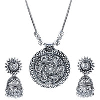 Yellow Chimes Stylish Floral Crafted Theme Silver Oxidized Necklace Set with Earrings Oxidized Jewellery Sets for Women and Girls