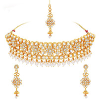 Sukkhi Striking Gold Plated Kundan & Pearl Choker Necklace Set For Women (NS102944)