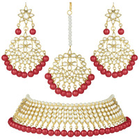 Peora 18K Gold Plated Indian Ethnic Kundan Pearl Fancy Bridal Traditional Necklace Jewellery Set with Earrings for Women (Maroon)