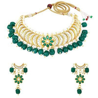 Yellow Chimes Ethnic Gold Plated Pearl Beads Jewellery Set Traditional Floral Choker Necklace Set for Women and Girls, gold, green, medium (YCTJNS-52PRLCHK-GR)