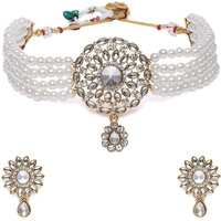 ZAVERI PEARLS Gold Tone Kundan Center Piece & Pearls Multistrand Necklace & Earring Set For Women-ZPFK10259