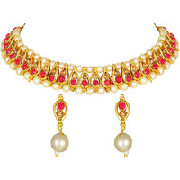 Shining Diva Fashion Latest Choker Design Necklace Set Traditional Pearl Gold Plated Jewellery Set for Women (Red) (11044s)