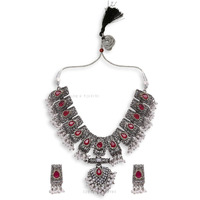 Young & Forever Gift Traditional Victorian Dual Tone Silver Golden Pearl Multicolor Stone Pink Green Choker Oxidised Necklace Jewellery Set for Women