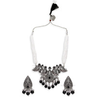 Young & Forever Gift Traditional Victorian Leaves Silver Oxidised Black White Stone Necklace Jewellery Set for Women