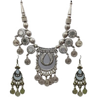 Young & Forever Gift White Boho Gypsy Antique Silver Afghani Oxidised Mirror Princess Length Dangler Earring and Tribal Necklace Set for Women