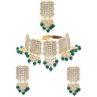 ZAVERI PEARLS Green Beads Traditional Kundan Choker Necklace Earring & Maangtikka Set For Women-ZPFK10304