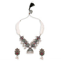 Young & Forever Gift Traditional Victorian Silver Pearl Multicolor Stone Pink Green Choker Oxidised Necklace Jewellery Set for Women
