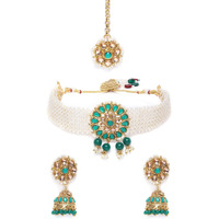 ZAVERI PEARLS Green Stones Ethnic Pearls Patta Choker Necklace Earring & Maangtikka Set For Women-ZPFK10276