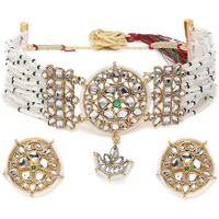 ZAVERI PEARLS Gold Tone Kundan & Multistrand Pearls Choker Necklace & Earring Set For Women-ZPFK10244
