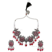 Young & Forever Gift Traditional Victorian Peacock Mandala Art Silver Oxidised Pink Stone Necklace Jewellery Set for Women