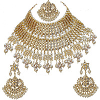 Lucky Jewellery Ethnic White Color Gold Plating Padmavat Jewelry Kundan Necklace Set for Girls & Women (4200-QSK-564-W)