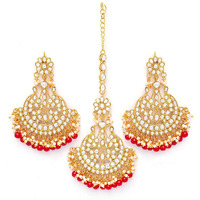 Shining Diva Fashion Latest Stylish Traditional Kundan Maang Tikka Earrings Jewellery Set for Women (Red)(12369mter), one