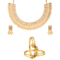 ZENEME Jewellery set Gold Plated Combo of Traditional White Pearl Temple Coin Necklace Set with Earrings and Bangle for Women & Girls