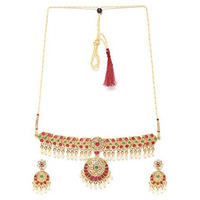 ZAVERI PEARLS Green & Pink Stones Traditional Pearls Choker Necklace & Earring Set For Women-ZPFK9556