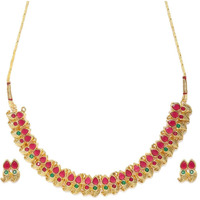 ZAVERI PEARLS Green & Pink Stones South Indian Style Necklace & Earring Set For Women-ZPFK9904