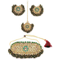ZAVERI PEARLS Green Beads Clustered Ethnic Choker Necklace, Earring & Maangtikka Set For Women-ZPFK9580