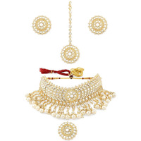 ZAVERI PEARLS Gold Tone Kundan Choker Necklace Earring Maangtikka & ring Set For Women-ZPFK11656