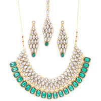 ZAVERI PEARLS Crystal Shine Green Stones Bridal Necklace, Earring & Maangtikka Set For Women-ZPFK9564