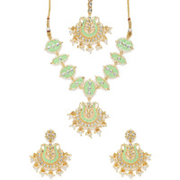 ZAVERI PEARLS Pastel Green Meenakari Kundan Choker Necklace Earring & Maangtikka Set For Women-ZPFK10288