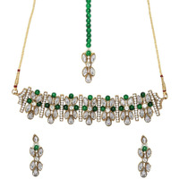 ZAVERI PEARLS Crystal Shine Stones & Green Beads Choker Jewellery Set For Women-ZPFK9366