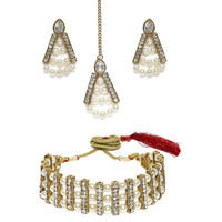 ZAVERI PEARLS Gold Tone Austrian Diamonds & Pearls Ethnic Choker Necklace Earring & Maangtikka Set For Women-ZPFK9973