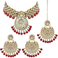 I Jewels Traditional Gold Plated Kundan Pearl Wedding Choker Necklace Set Earrings & Maang Tikka for Women (IJ331R)