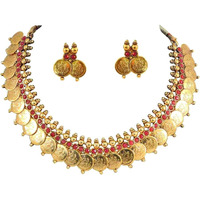 YouBella Traditional Red Temple Coin Necklace Set for Women