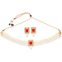 Shining Diva Fashion Latest Stylish Pearl Choker Necklace Jewellery Set for Women (Red) (12288s)
