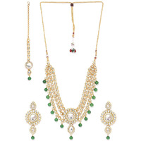 ZAVERI PEARLS Kundan & Green Beads Multistrand Necklace, Earring & Maangtikka Set For Women-ZPFK9594