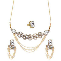 ZAVERI PEARLS Gold Tone Stones & Pearls Necklace Earring & Finger Ring Set For Women-ZPFK9997