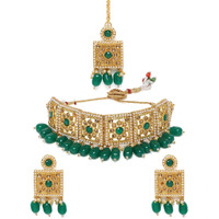 ZAVERI PEARLS Green Stones & Beads Wedding Collection Choker Necklace Earring & Maangtikka Set For Women-ZPFK10143