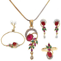 ZENEME Jewellery Set American Diamond Traditional Combo of Necklace Pendant Set, Ring, Bracelet with Earring Jewellery for Women and Girls (Red Green)