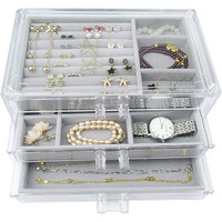 Snazzy Acrylic Jewelry Box 3 Drawers, Velvet Jewelry Organizer, Earring Rings Necklaces Bracelets Display Case Gift for Women, Girls (Gray)