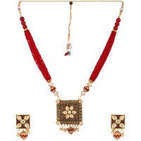 Piah Fashion Marvelous Gold Plated Brass Square Shape Kundan With Red & Green Minaakari & Pearl Necklace Set For Women & Girls (Red)