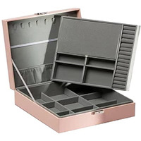 KRESHU Stylish 2 Layer PU-Leather Jewelry Box | Large Capacity Travel Safe Storage Organizer | Case with Removable Tray for Womans/Girls Necklaces, Earrings, Rings, Bracelets, Bangles (PINK)