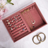 LA TROVE Luxury Velvet Jewellery Trays | Jewelry Drawer Display Organizer for Earrings, Chain, Rings (Dark Pink, Ring+Chain, 30x20x3.5 cm)