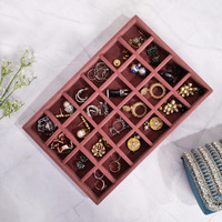 LA TROVE Luxury Velvet Jewellery Trays | Jewelry Drawer Display Organizer for Earrings, Chain, Rings (Dark Pink, 24 Grid, 30x20x3.5 cm)