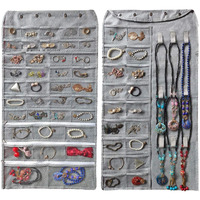 DOUBLE R BAGS Non Woven Dual-Sided Hanging Jewellery Organizer With 56 Pockets & 9 Hook Loops Necklace Holder Jewelries Organizer For Earrings Bracelets Rings (Grey, Pack of 1)