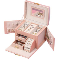 SIBY Leather Smal Jewelry Box Organizer with Mirror Lock Drawer Ring Earring Necklace Jewellery Case(1Pc, Pink, 17.3x13.8x14.5cm,Color Little Bit Difference)