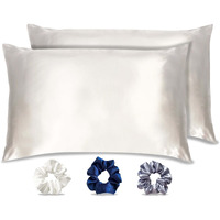 SILVR BEAR Luxury Satin Pillow Covers + 3 Scrunchies | Aesthetic Pillowcase-Standard - 18 x 27 inches | Great for Hair and Skin | Combo Pack (Ivory White, Luxe Satin)