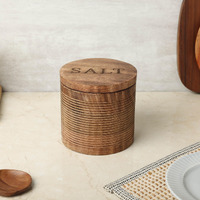 dudki Wooden Salt Box with Magnetic Lid with Wooden Spoon| Round Salt Container| Bowl Pot Jar Salt Box | Textured Salt Box| Kitchen Home| Seasonings